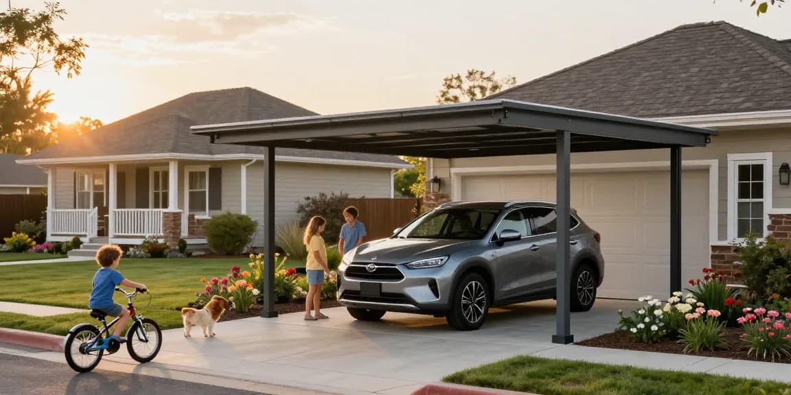 Moderne Carport-Struktur schützt das Fahrzeug vor Witterungseinflüssen in einem einladenden Vorort.