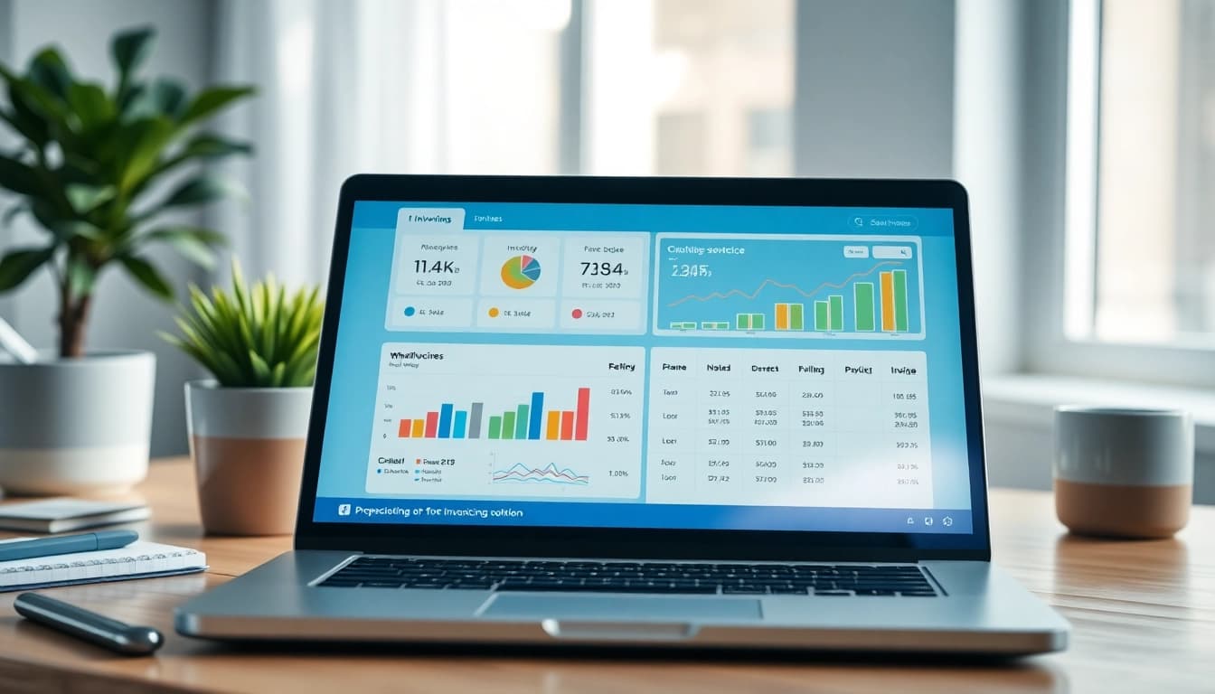 EffizienteSoftware E-Rechnung kostenlos auf einem Laptop angezeigt mit Grafiken und modernen Büromaterialien.