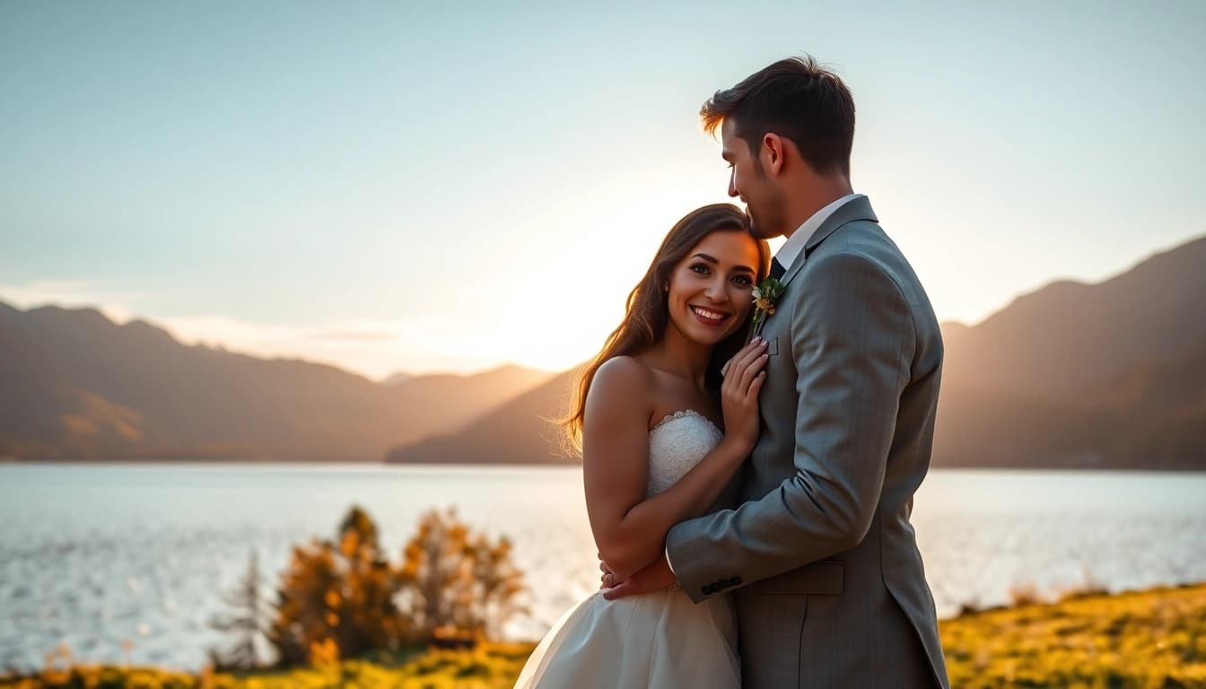 Hochzeitsfotograf Tegernsee fotografiert ein Paar bei Sonnenuntergang am idyllischen Tegernsee.