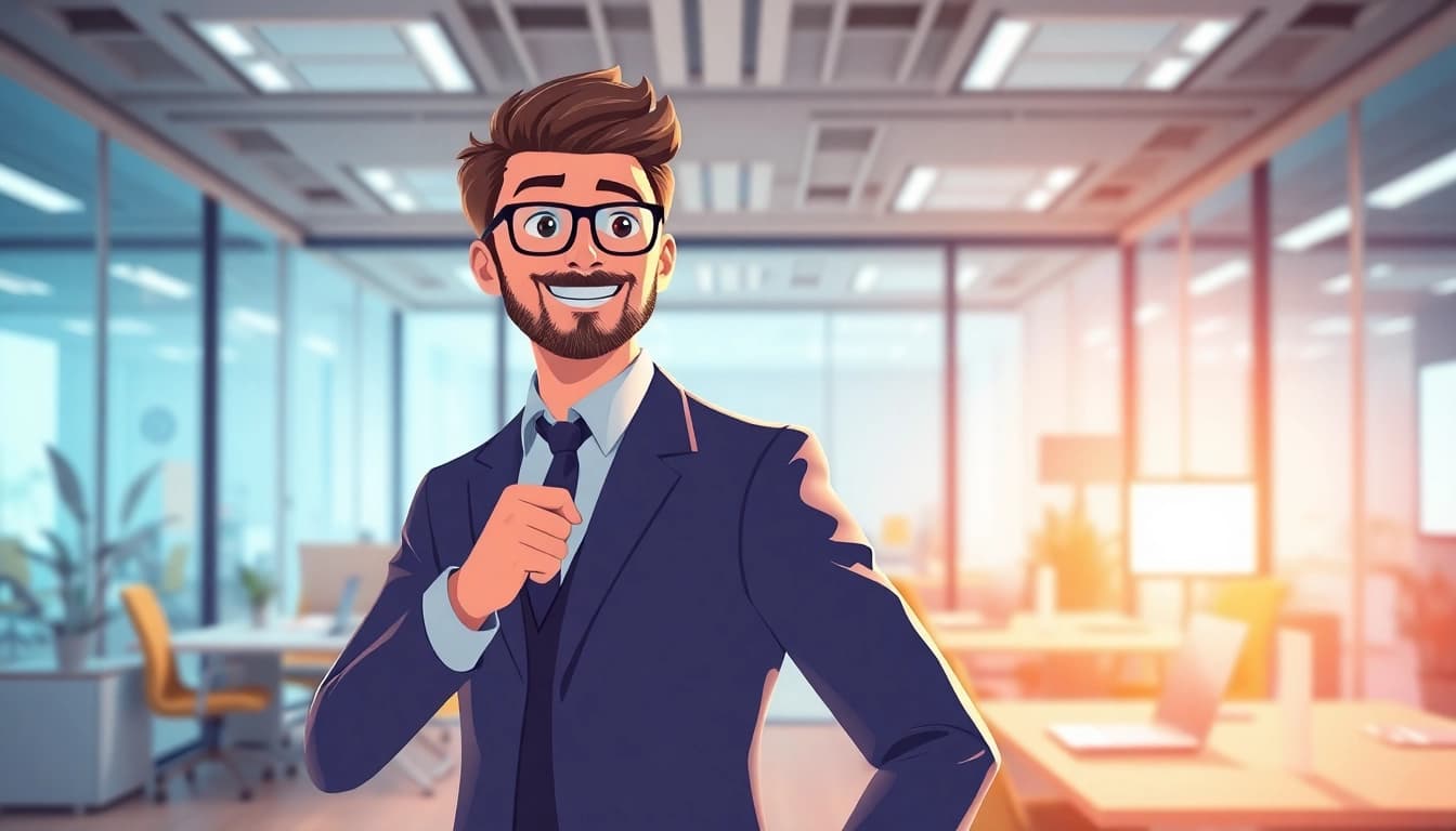 Unternehmensanimation zeigen, die im modernen Büro mit lebendigen Farben und professionellen Charakteren erstellt wird.