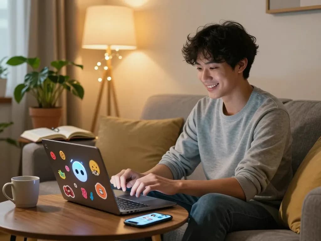 Young adult engaged in sexting AI on a laptop in a cozy room