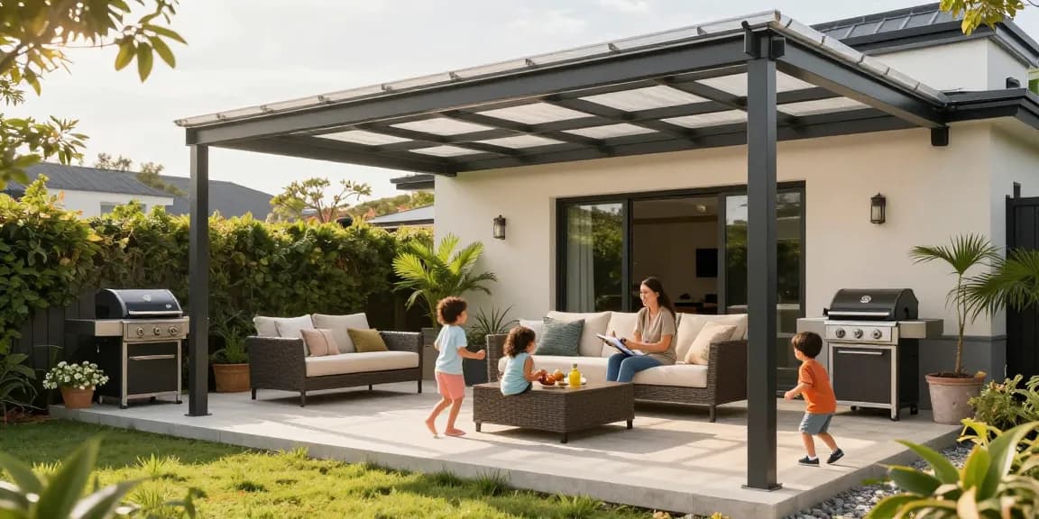 Freistehende Terrassenüberdachung mit Familie, die einen sonnigen Nachmittag im Garten genießt.