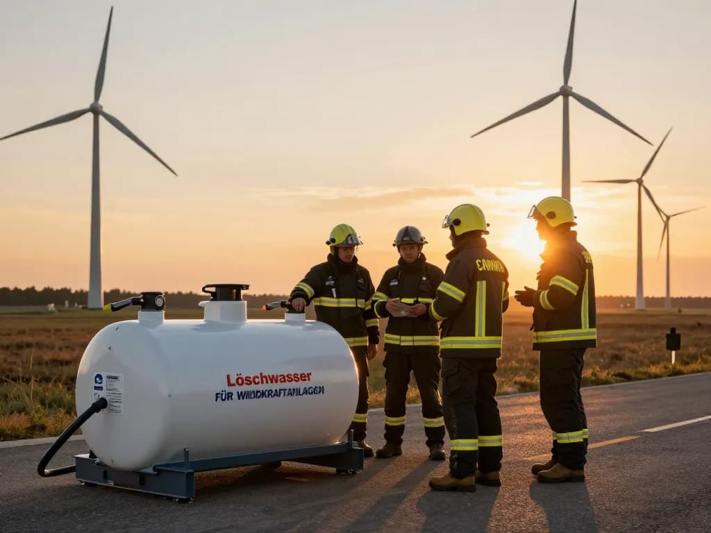 Feuerwehrteam bewertet ein tragbares Löschwasser für Windkraftanlagen-System in einem Windpark