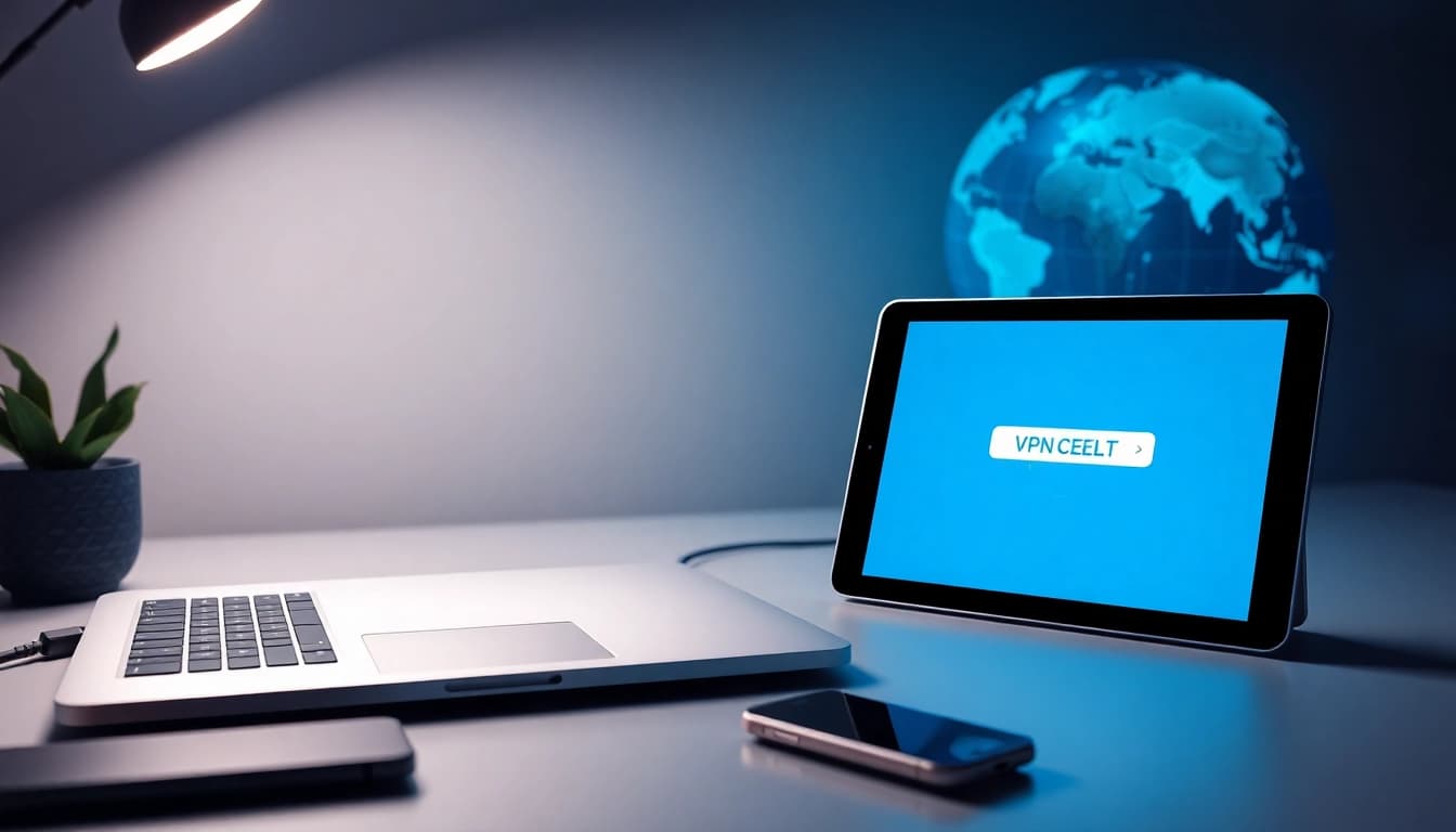 快连官网，展示在专业工作环境中连接到安全 VPN 网络的现代设备。