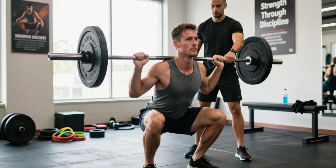 Athletischer Mann trainiert im Steroidshop Fitnessstudio und zeigt perfekte Kniebeuge-Form.