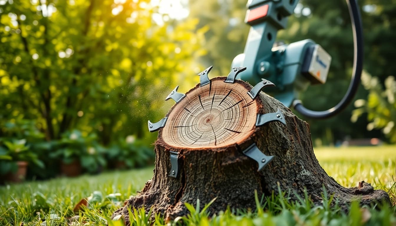Der Baumfräser schneidet effizient durch einen Baumstumpf in einem üppigen Garten und zeigt Präzision und qualitativ hochwertige Handwerkskunst.