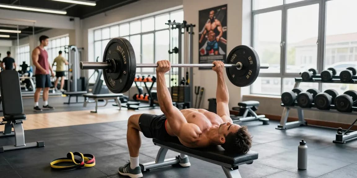 Bodybuilder im Anabolika Shop beim Training mit Gewichten zur Muskelsteigerung.