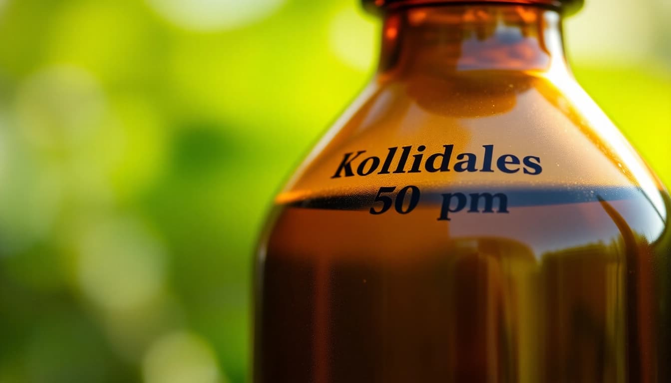 Showcasing Kolloidales Silber 50 ppm in an elegant brown bottle, emphasizing its purity and natural essence.