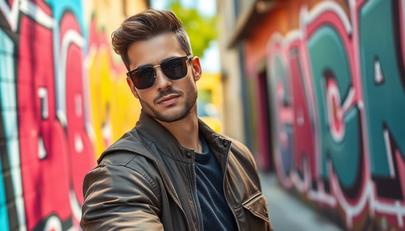 Faszinierende tinder bilder eines Mannes in urbaner Umgebung mit stilvollem Outfit.