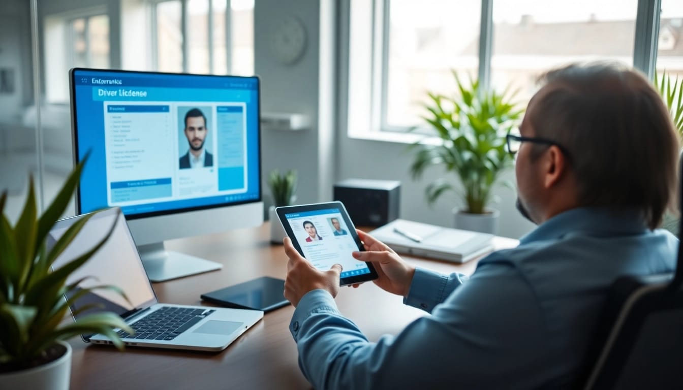 Effizienter Führerscheinkontrollprozess in einer modernen Büroeinrichtung mit digitaler Verifikationstechnologie.