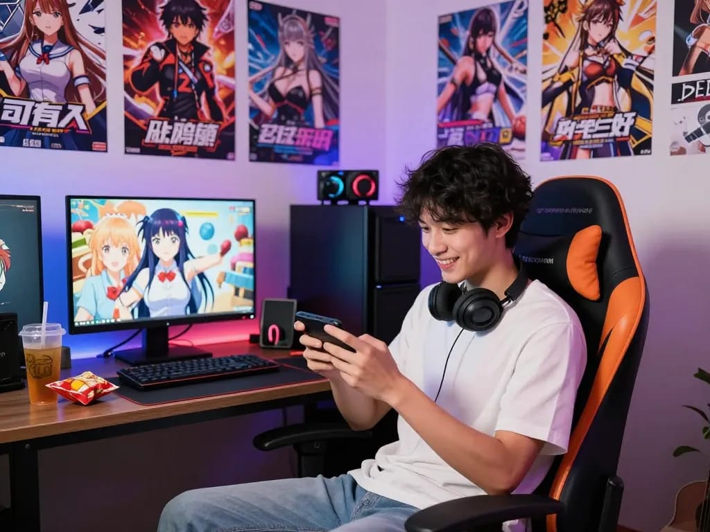 Player enjoying game sex on a smartphone surrounded by colorful adult game posters.