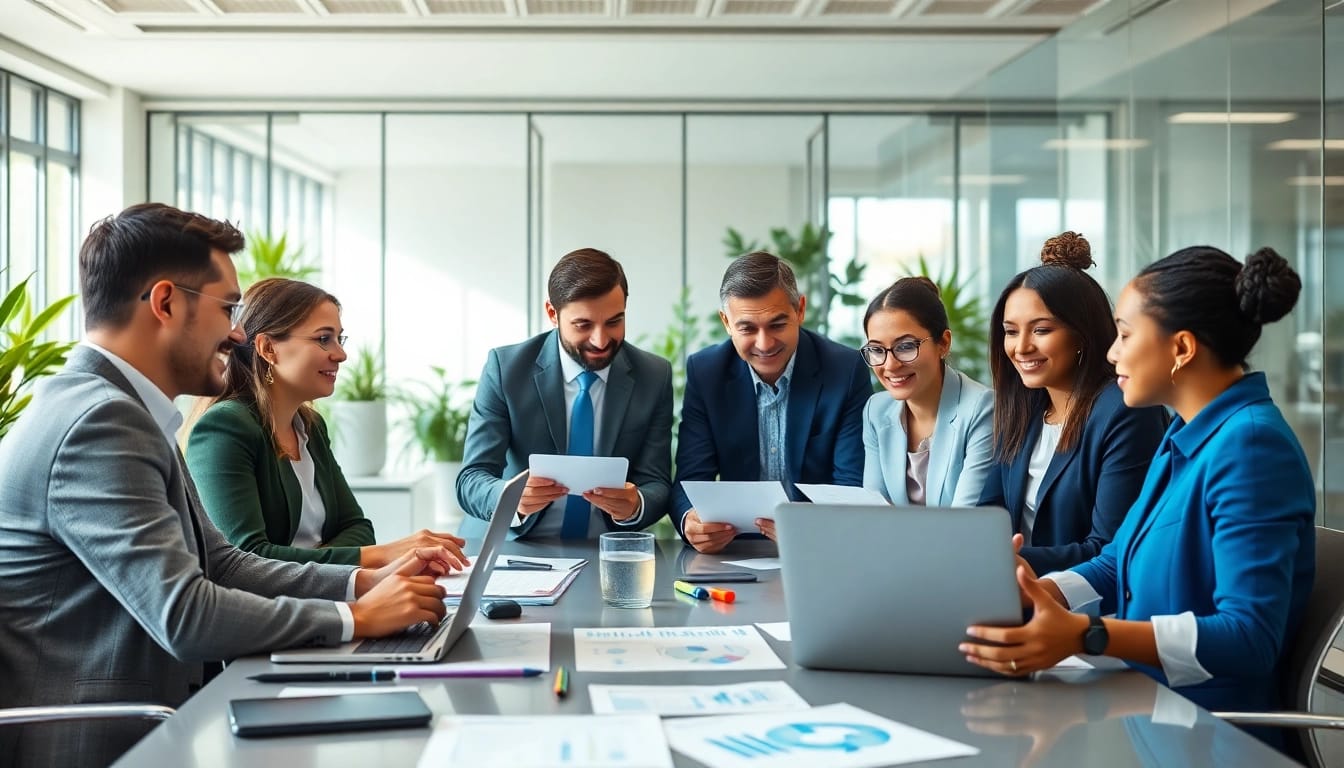 Professionals strategizing evodrop solutions in a modern office environment.