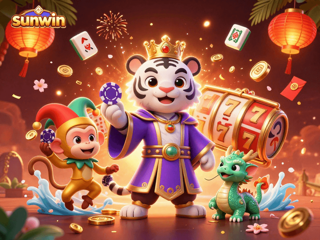 Experience sunwin with an exciting scene featuring a royal tiger and lively game elements.