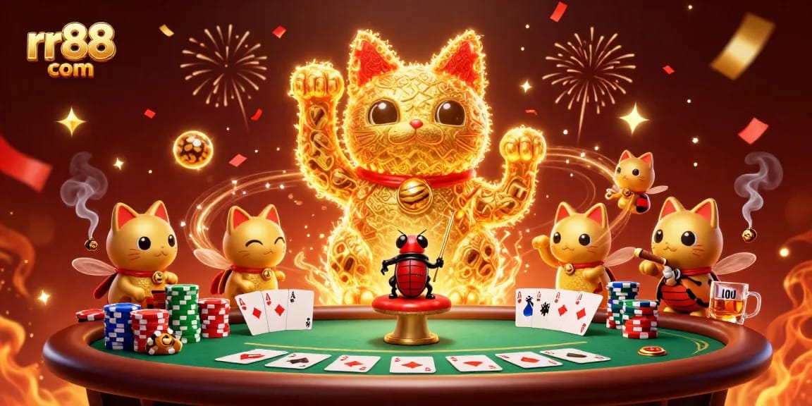 Experience the excitement at rr88 com with a dynamic lucky cat illustration in a vibrant casino setting.