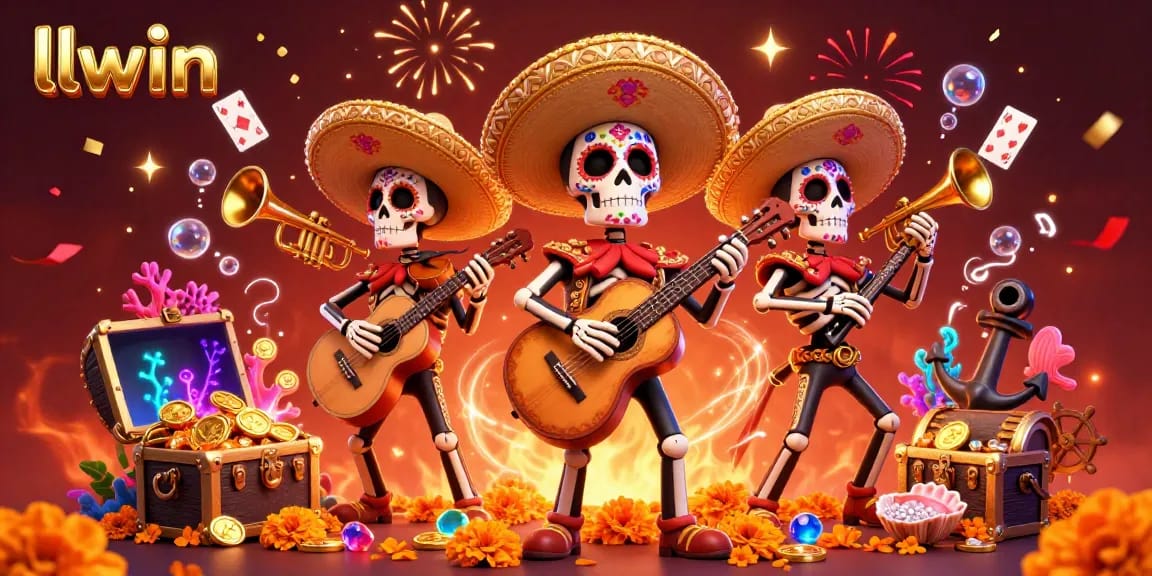 Experience thrilling gameplay at llwin with an enchanting skeleton mariachi band surrounded by casino elements.
