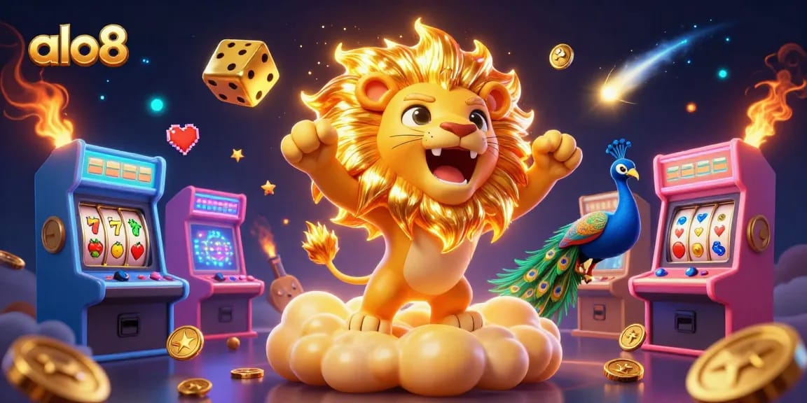 Engage in exciting gameplay with alo8, featuring a roaring sun lion and vibrant slot machines.