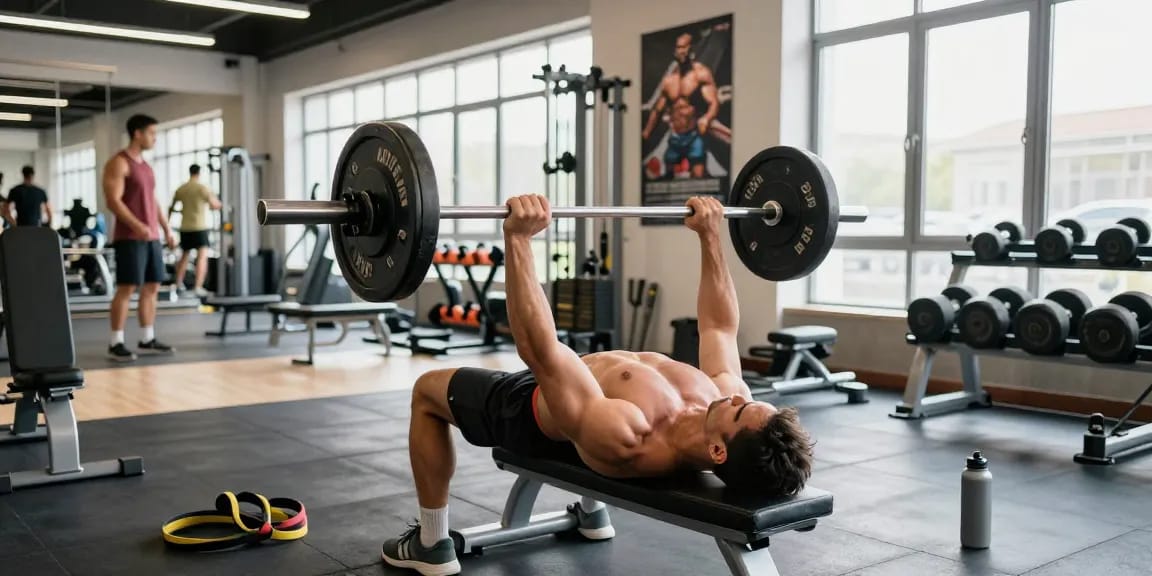 Bodybuilder im Anabolika Shop beim Training mit Gewichten zur Muskelsteigerung.