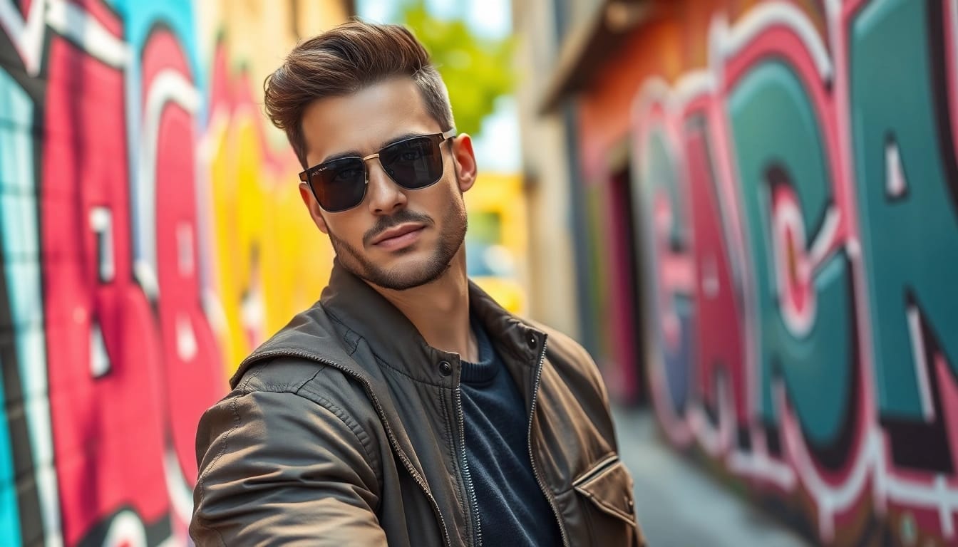 Faszinierende tinder bilder eines Mannes in urbaner Umgebung mit stilvollem Outfit.