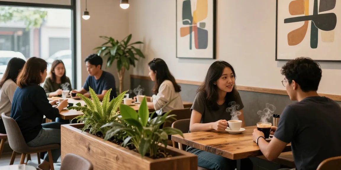 Enjoying conversations over coffee at rokok88's inviting cafe atmosphere.