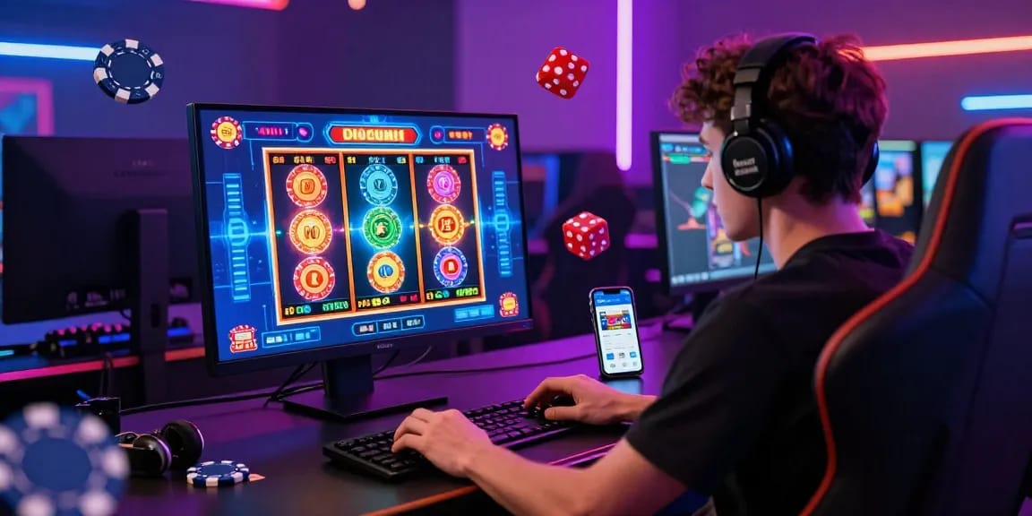 Beef Casino Spieler an einem Computer mit bunten Slot-Spielen und lebhaften Neonlichtern.