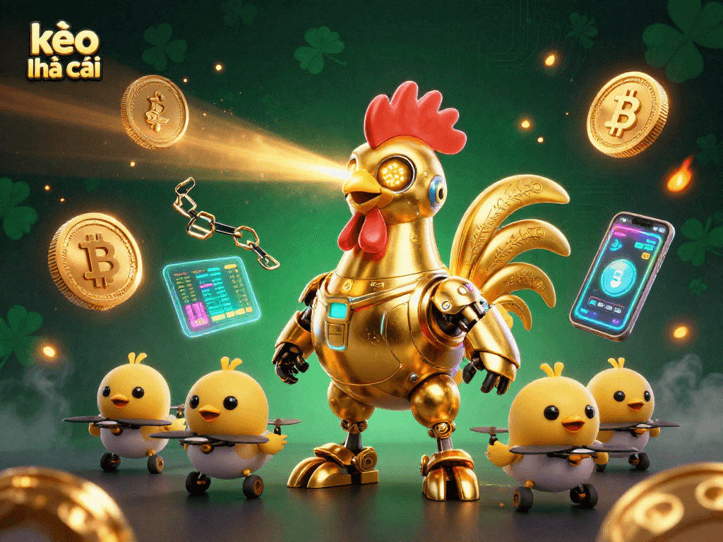 Experience exciting kèo nhà cái action with a dynamic golden rooster robot and baby chick drones amidst cryptocurrencies.