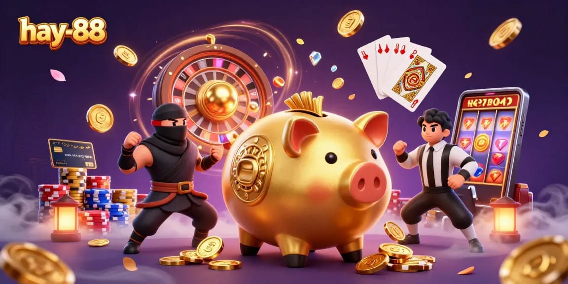 Experience excitement at hay-88 with golden coins cascading from a sumo wrestler in a playful casino scene.