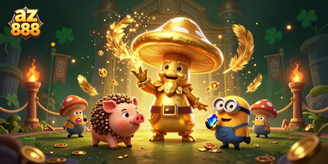 Experience the excitement of az 888 with golden treasures and dynamic gaming elements in a vibrant illustration.