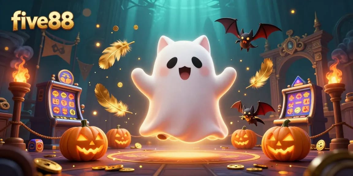 Unleash your luck with five88 in a haunted casino featuring a ghost cat, vampire bat, and glowing jack-o-lanterns.