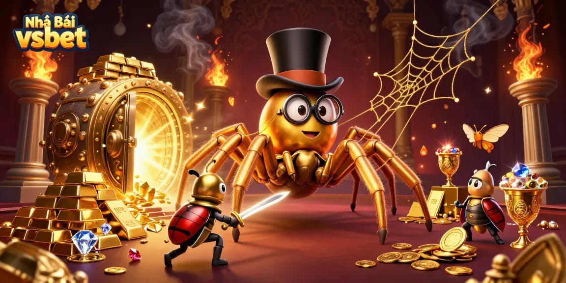 Engage with Nhà cái vsbet, illustrated as a vibrant 3D scene filled with casino treasures and characters.