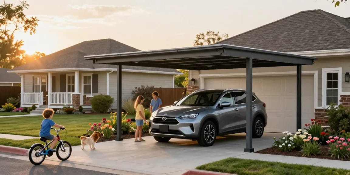 Moderne Carport-Struktur schützt das Fahrzeug vor Witterungseinflüssen in einem einladenden Vorort.