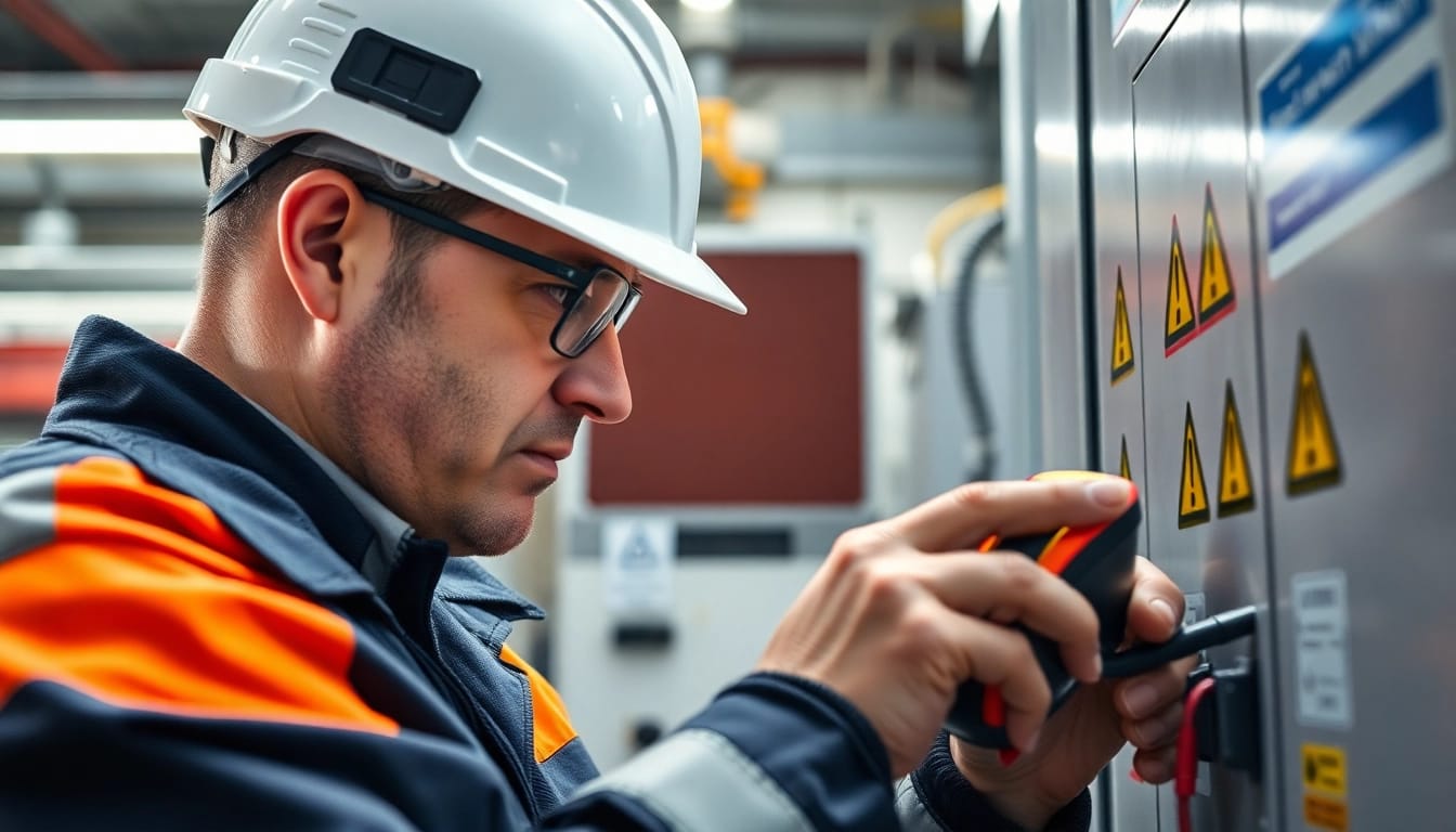 DGUV V3 Prüfung in action: Technician performing safety inspection for electrical equipment.