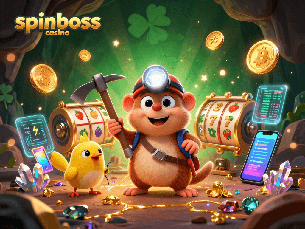 Spiele im spinboss casino mit einem 3D-Maulwurf, der Goldminen entdeckt und Jackpot-Symbole sammelt.