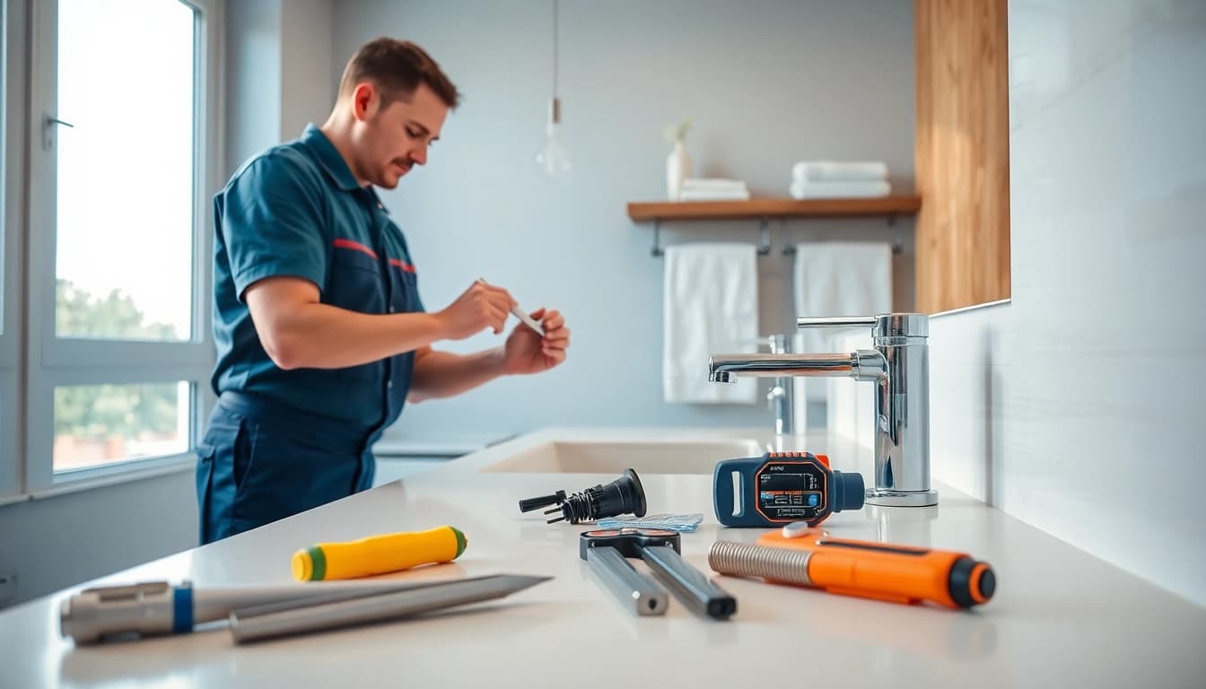 Expert plumber fixing pipes in a modern bathroom, demonstrating skill and precision in work.