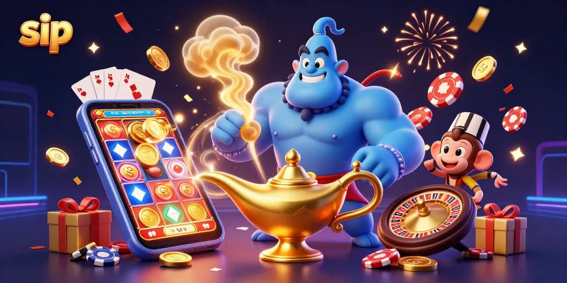 Experience thrilling sip gaming with an ultra-detailed genie and poker chips in dynamic casino action.