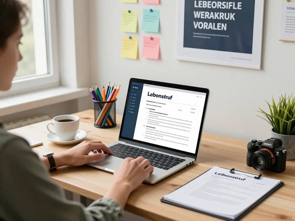Jobsuchender erstellt Lebenslauf Vorlagen in einem modernen Büro mit stilvollem Dekor und motivationalen Elementen.
