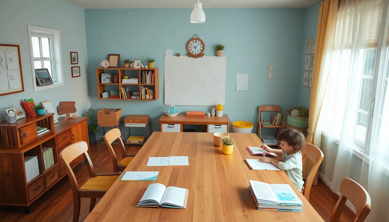 Gestalte eine kreative Lernumgebung für Heimunterricht mit einem einladenden Schreibtisch und Lernmaterialien.