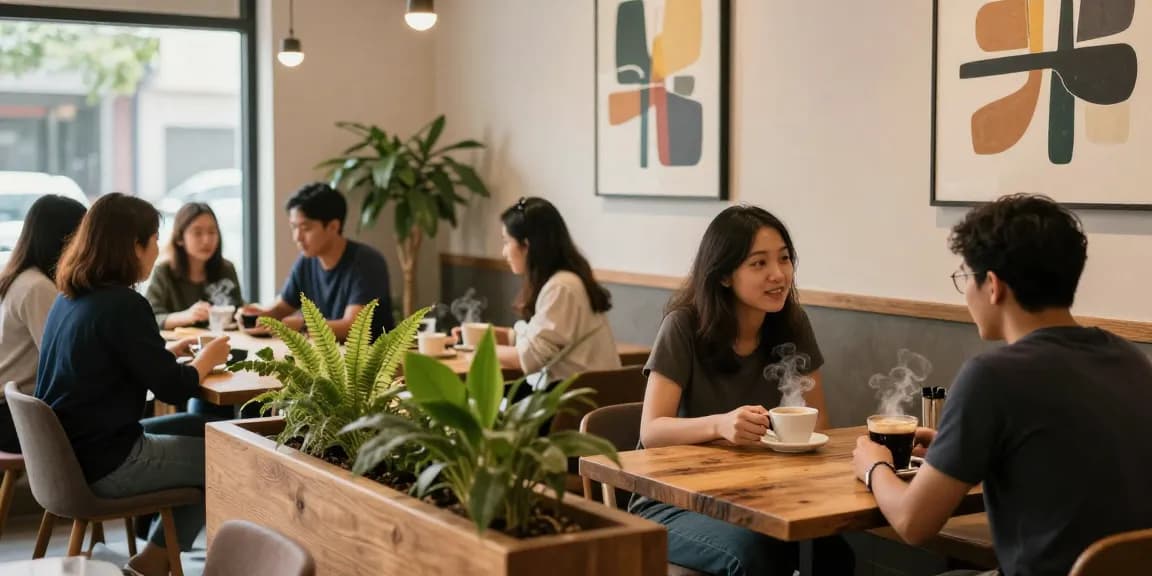 Enjoying conversations over coffee at rokok88's inviting cafe atmosphere.