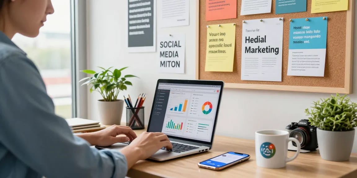 Facebook Likes kaufen in einer modernen Büroumgebung mit Marketingprofi, der an einem Laptop arbeitet.
