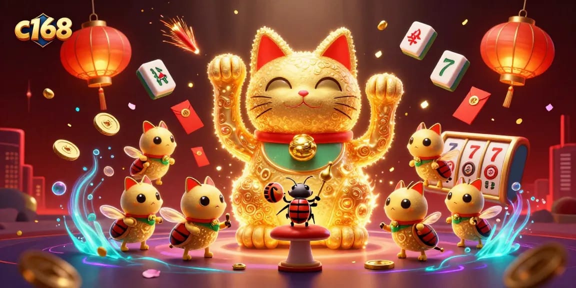 Experience the excitement of c168 with a vibrant 3D scene featuring a lucky cat and casino symbols.
