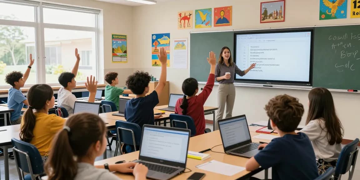 Students actively participating in a Quiz Allgemeinwissen in an engaging classroom atmosphere.