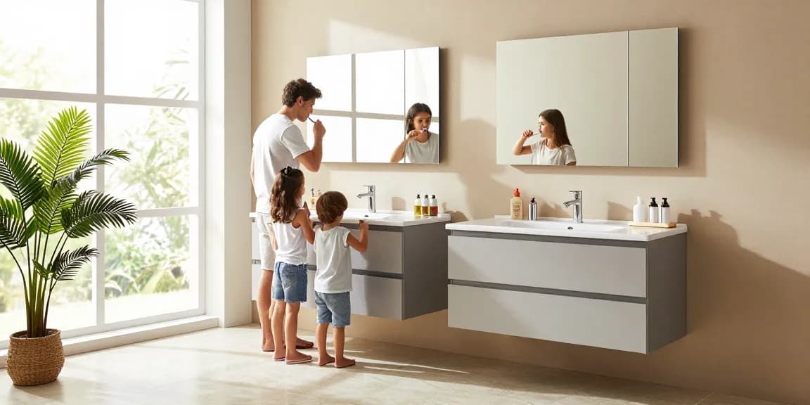 Elegant badkamermeubel 180 cm weergegeven in een moderne gezinsbadkamer met natuurlijk licht.