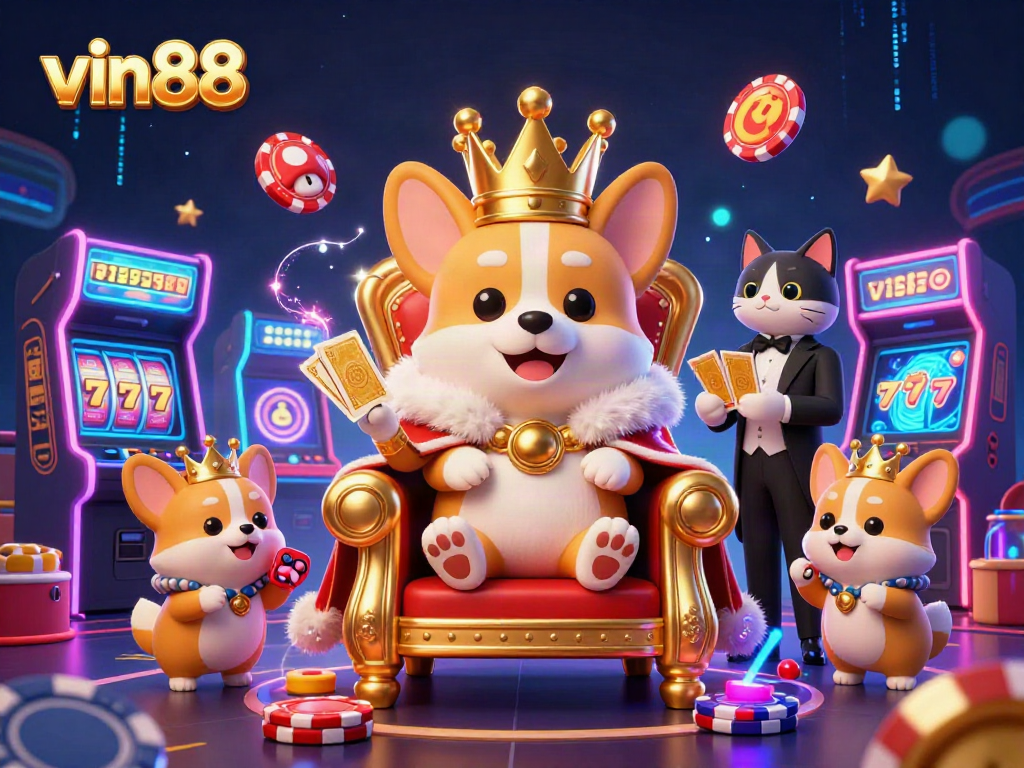Experience thrilling gameplay at vin88 with a royal corgi surrounded by vibrant casino elements.
