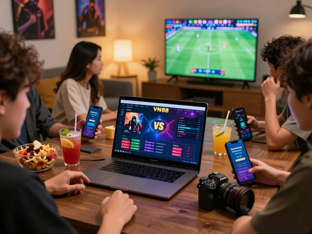 Friends excitedly engaging with VN88 gaming platform during a live betting event.
