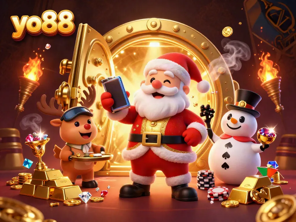 Experience a vibrant gaming atmosphere with yo88's Santa and friends celebrating jackpots.