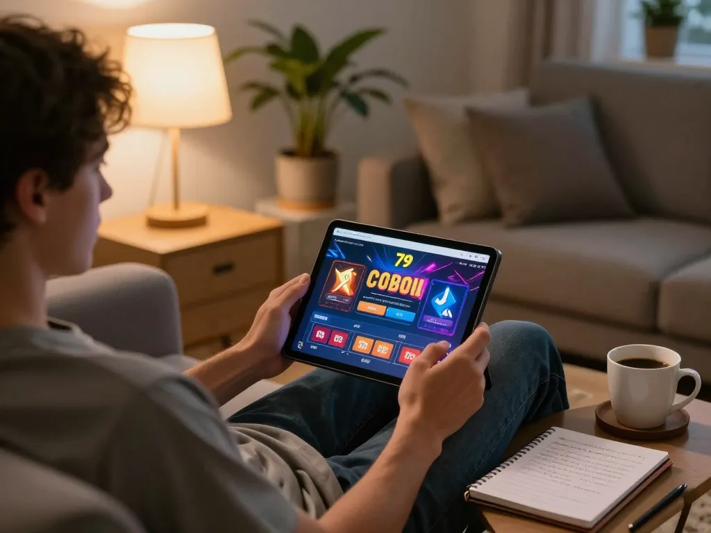 Engaging in gameplay on fun79 tablet, showcasing modern home gaming atmosphere with cozy elements
