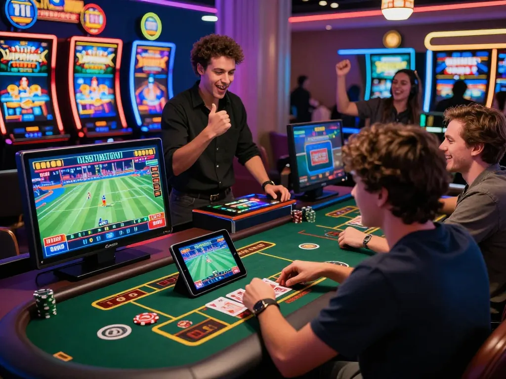 Exciting online gambling scene showcasing diverse players engaging with bl555 platform, featuring live sports betting and vibrant slots.