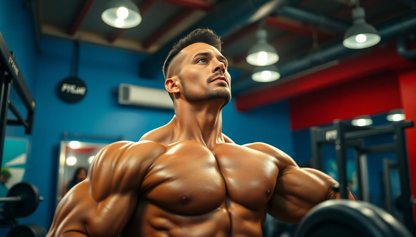 Trenbolon kaufen: Bodybuilder showcasing strength and focus in an energetic gym environment.