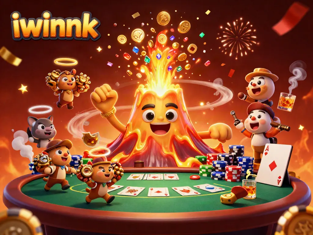 Engaging iwinnk gaming scene with golden volcano, treasure, and poker action elements.
