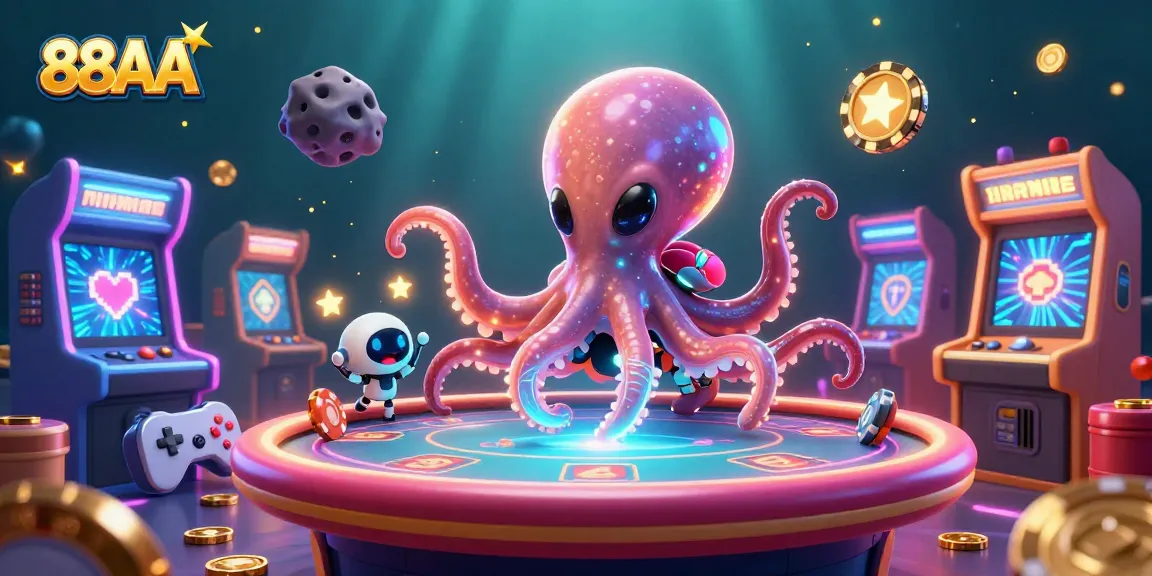 Experience the excitement of 88AA poker with an alien octopus and animated robot in a vibrant, 3D casino scene.