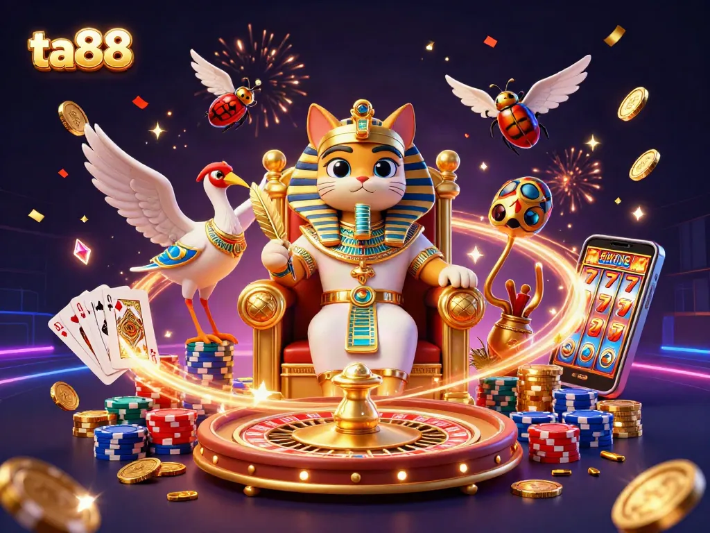 Experience thrilling gaming adventure at ta88 with Egyptian pharaoh cat and vivid casino elements.